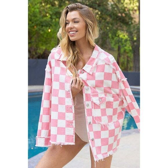 POL Clothing Jackets & Blazers - POL Clothing Pink and White Denim Checkered Race Check Shacket New S-L YWT7